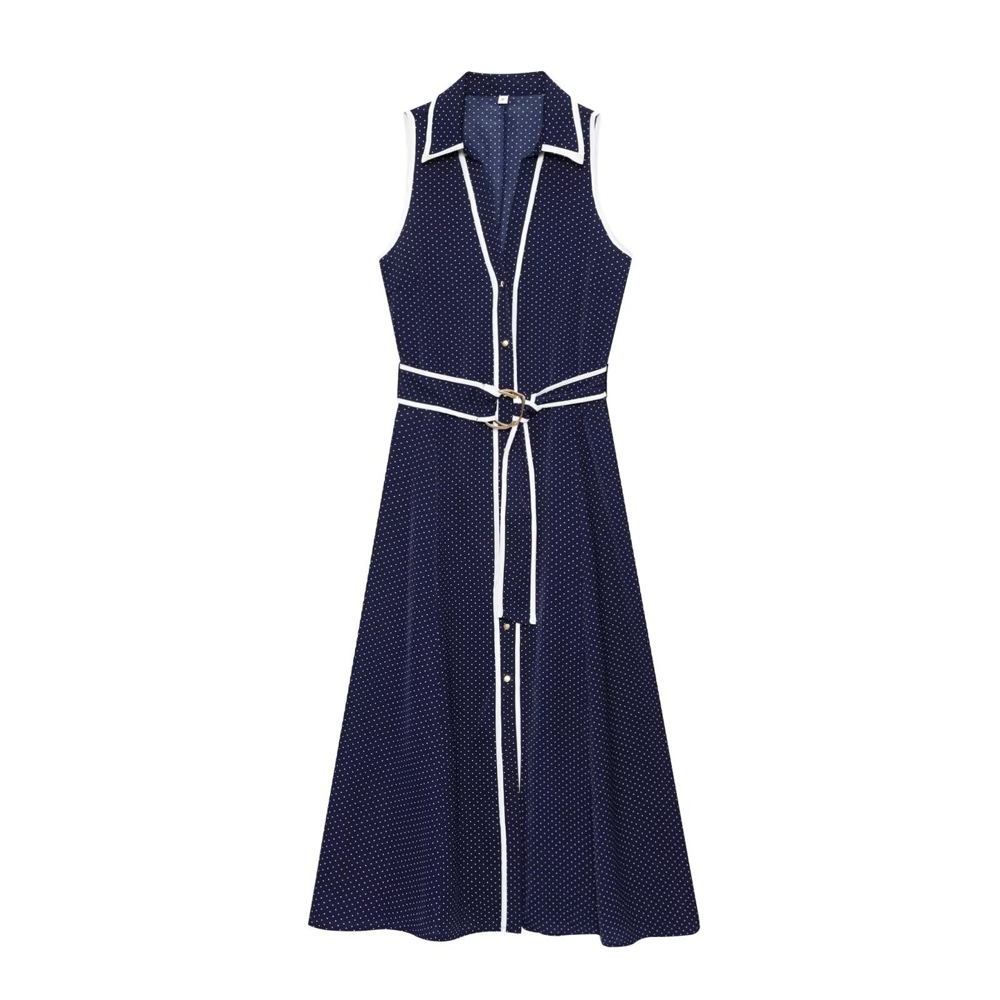 Women's chic fashion with Belt polka dot printed shirt style MIDI dress