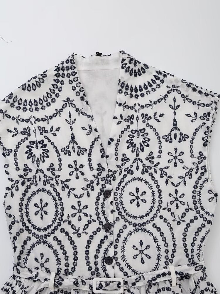 Women's New Fashion With Belt Casual Single breasted Embroidered Midi Dress