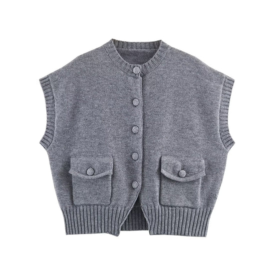 Women's pocket decoration short sleeveless knitted vest