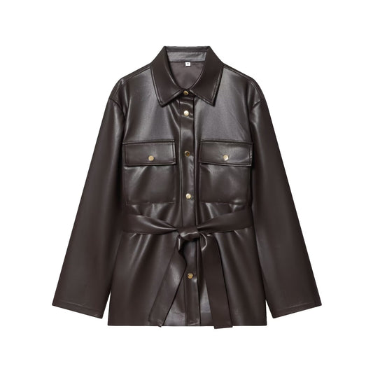 Women's with Belt shirt style faux leather Coat