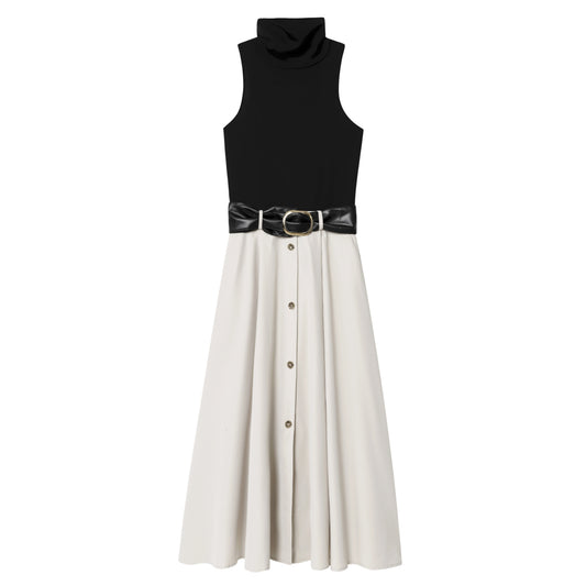Women's New Fashion With Belt Sleeveless Splicing Midi Dress
