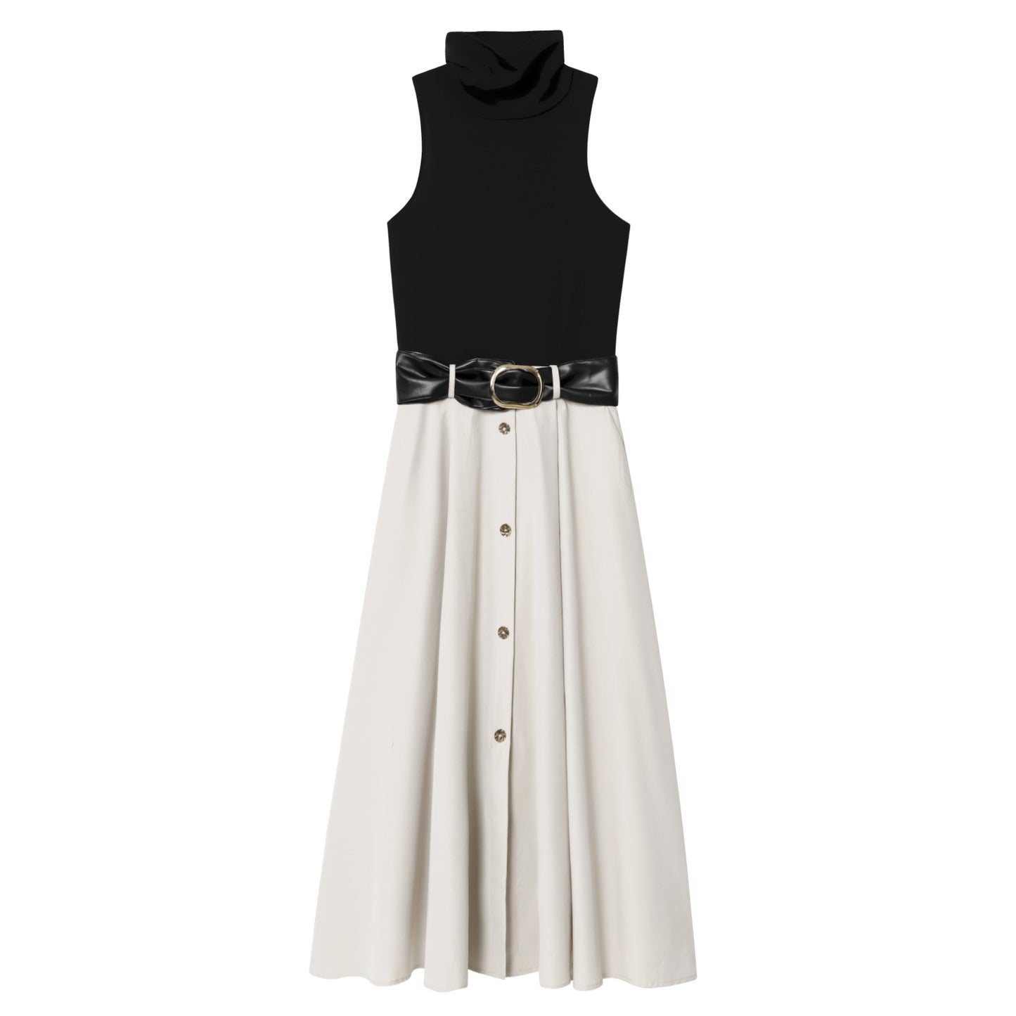 Women's New Fashion With Belt Sleeveless Splicing Midi Dress