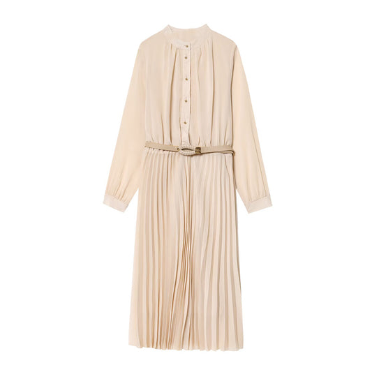 Women's New Fashion With Belt Long Sleeve Pleated Midi Dress