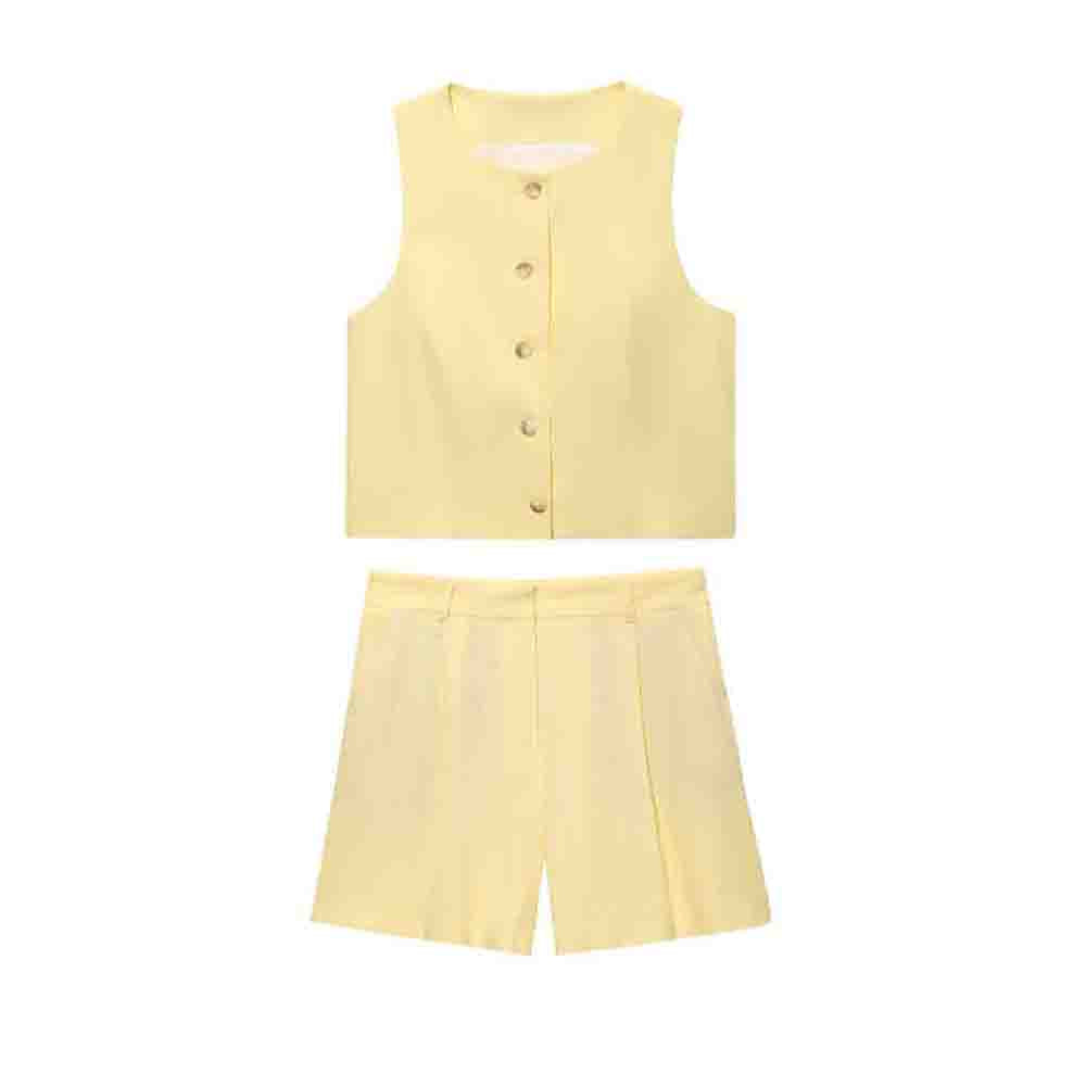 set woman 2 pieces new fashion single breasted linen blended vest+Shorts suit