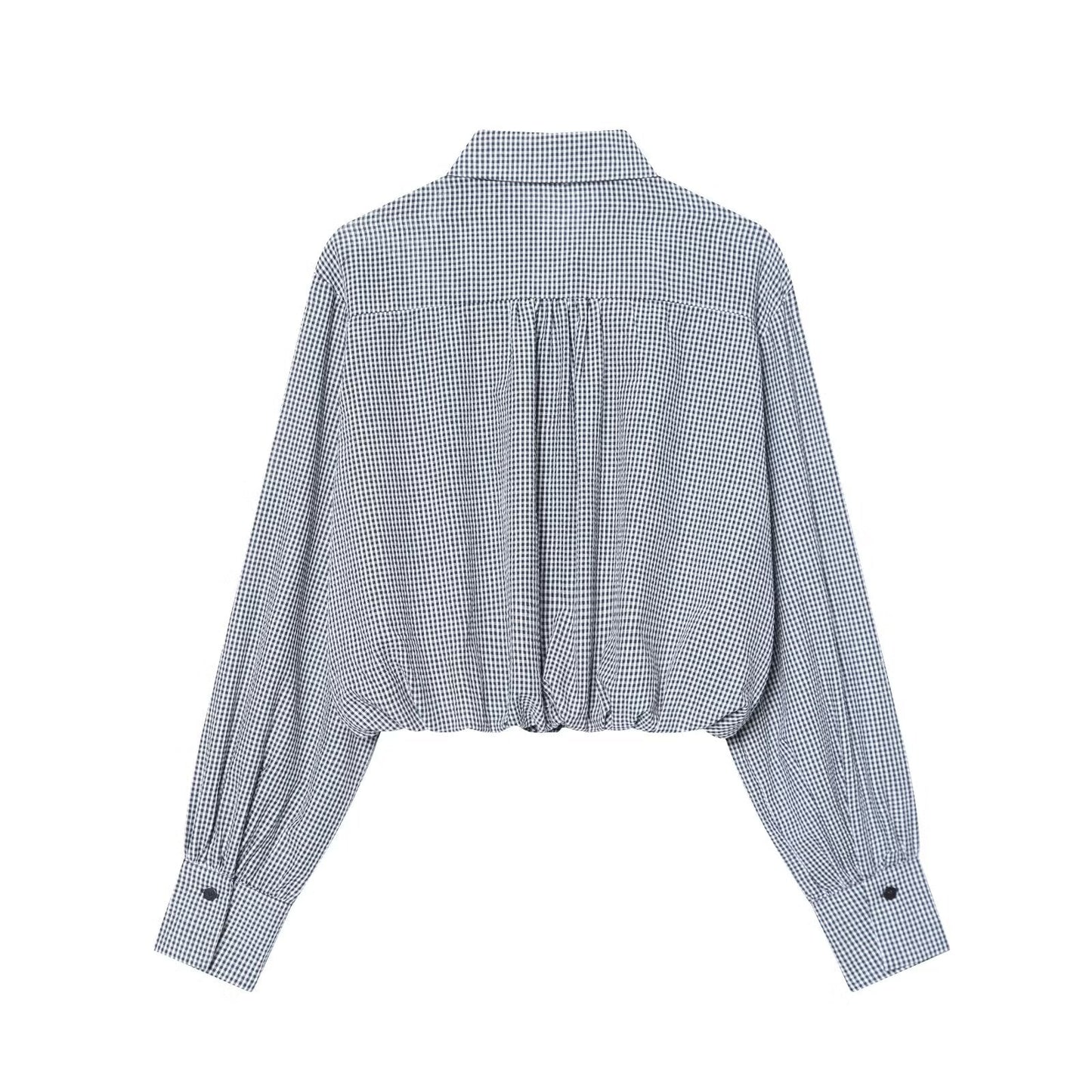 Women's balloon shaped short plaid poplin shirt