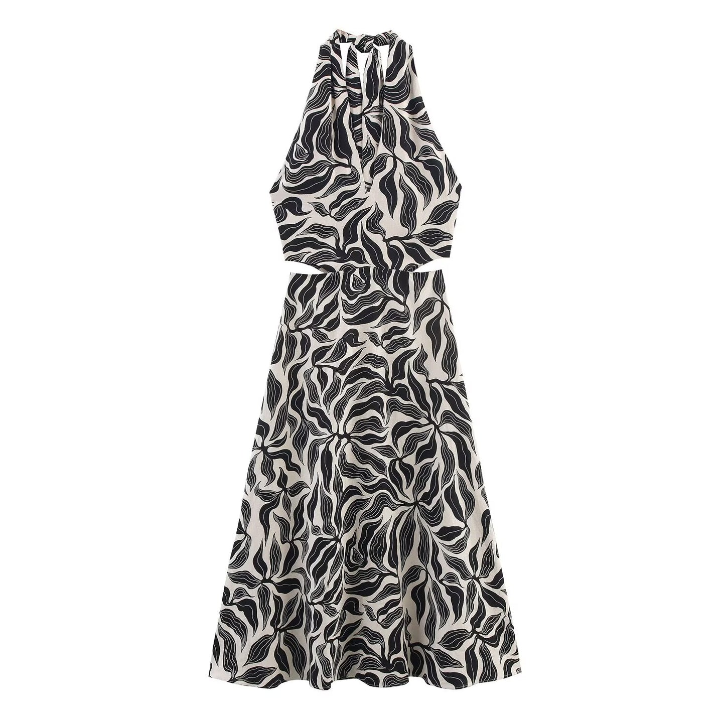 Women's 2025 New Fashion Linen Blended Printed Hanging Neck Midi Dress