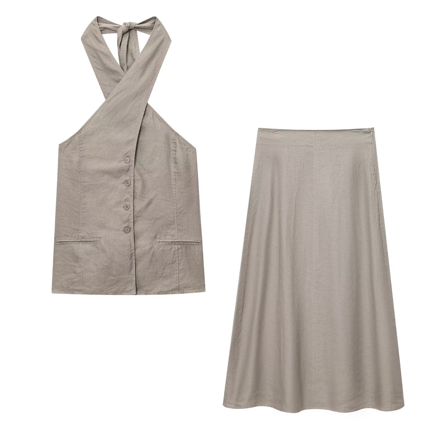 Women's new fashion linen blend halter neck vest style top+Skirts suit