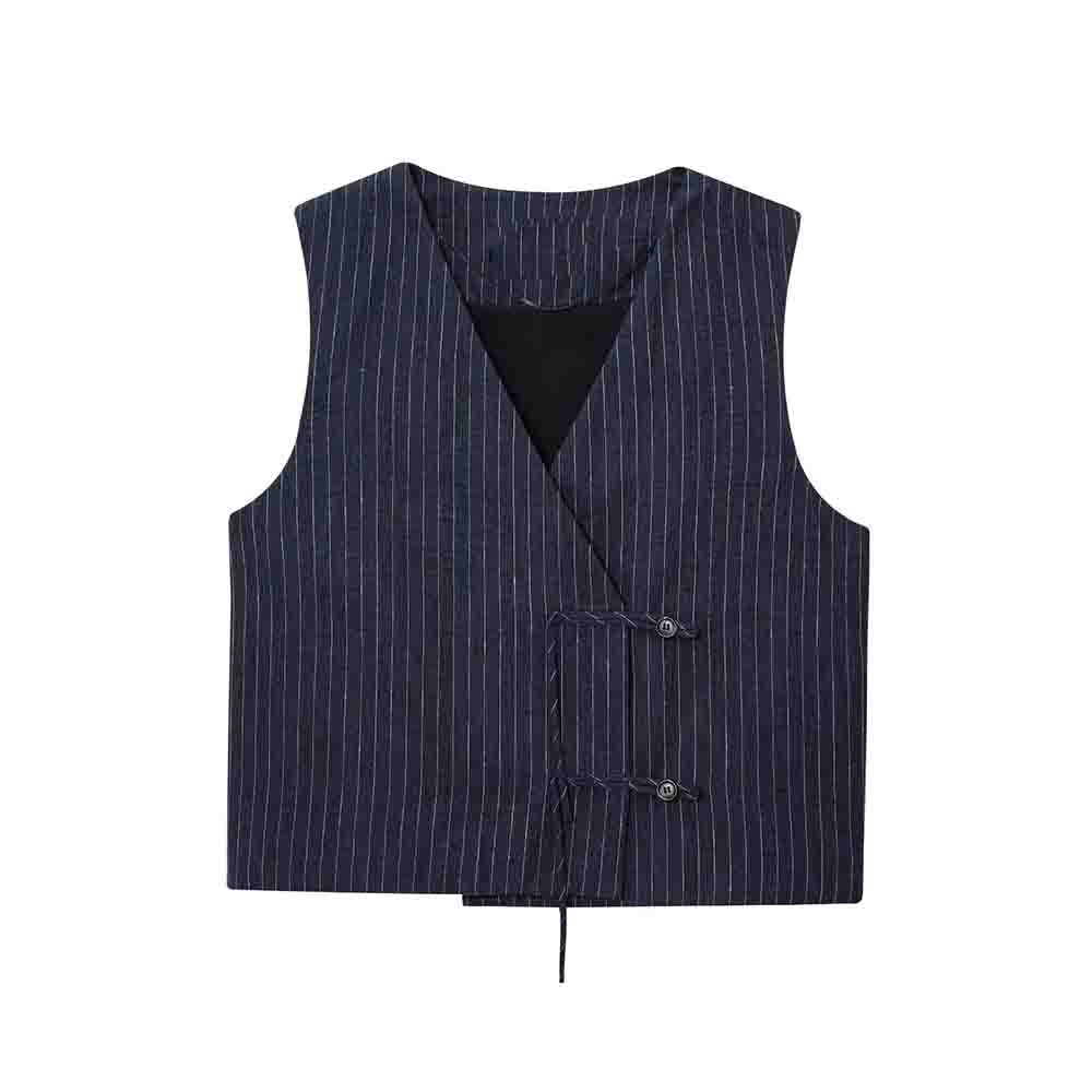 Women's new fashion short striped linen blend V-neck vest+Pants suit