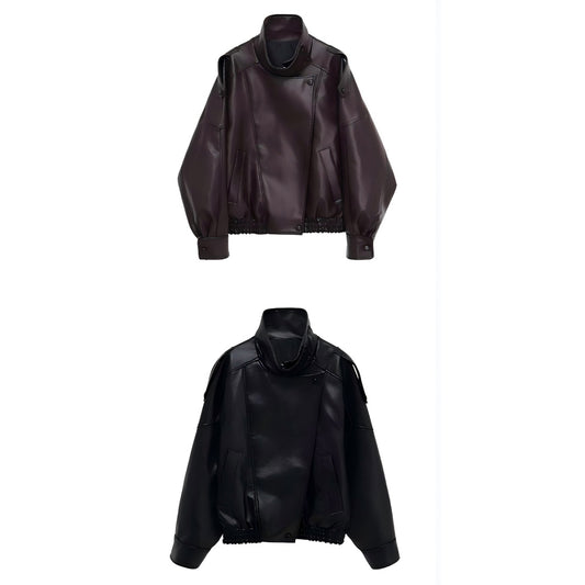 Women's casual stand collar Faux Leather jacket Coat
