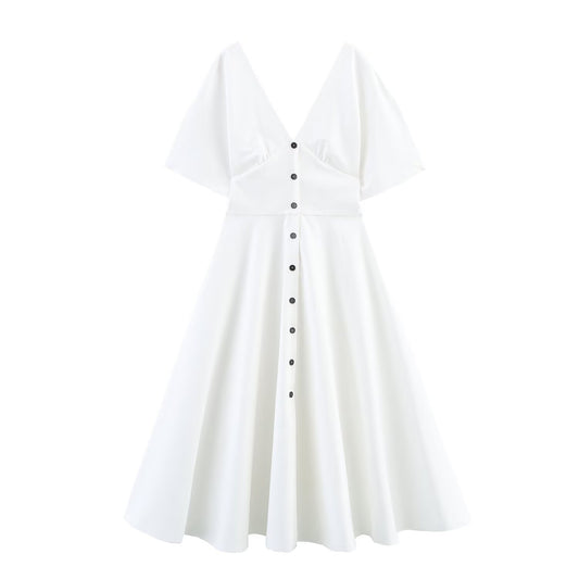 Women's New Fashion Short sleeved Single breasted Poplin V-neck Midi Dress