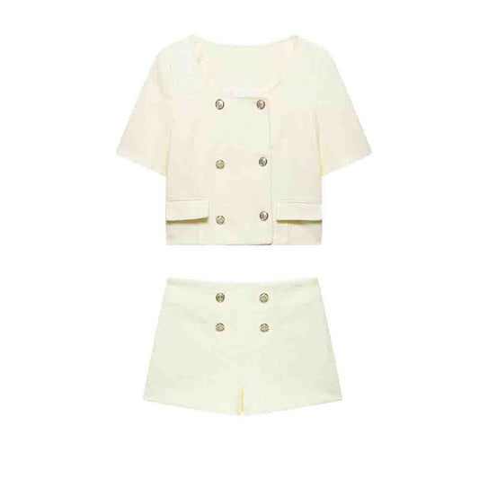 suit Women's 2 pieces short sleeved double breasted textured suit coat+shorts suit