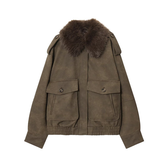 Women's new fashion detachable fur collar warm anti suede effect jacket