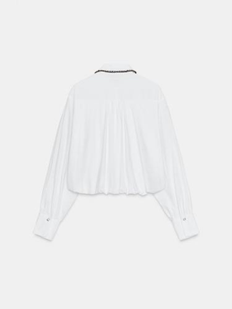 Women's new fashion bead decoration bubble sleeve poplin shirt