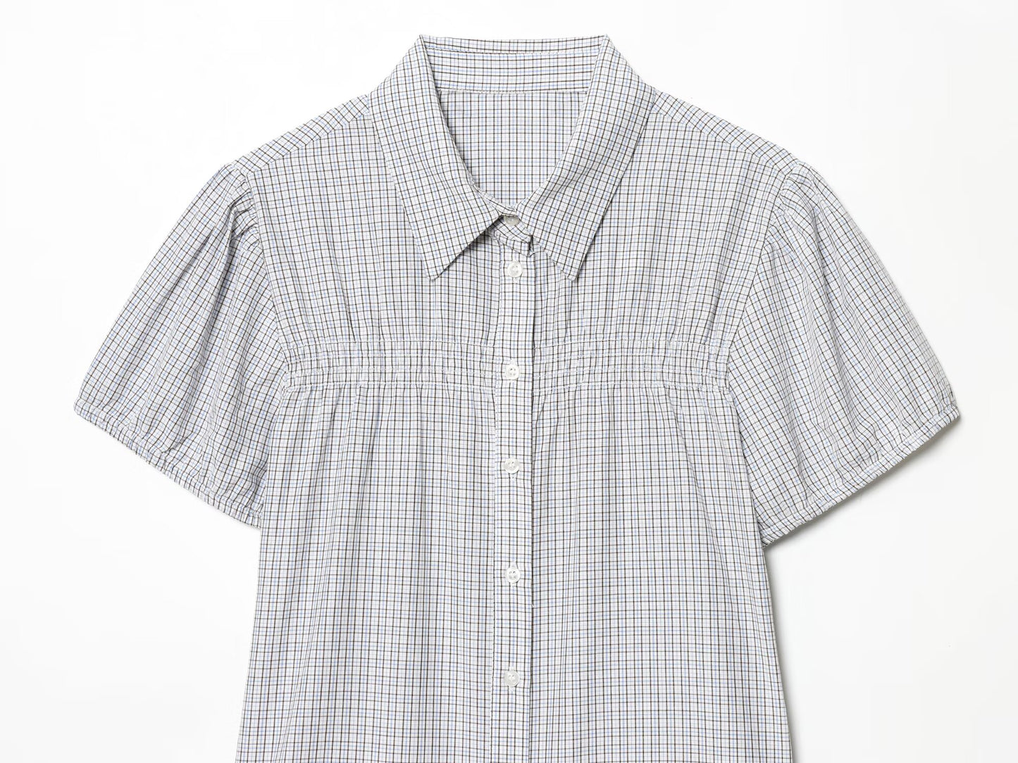 Women's short sleeved plaid elastic poplin shirt