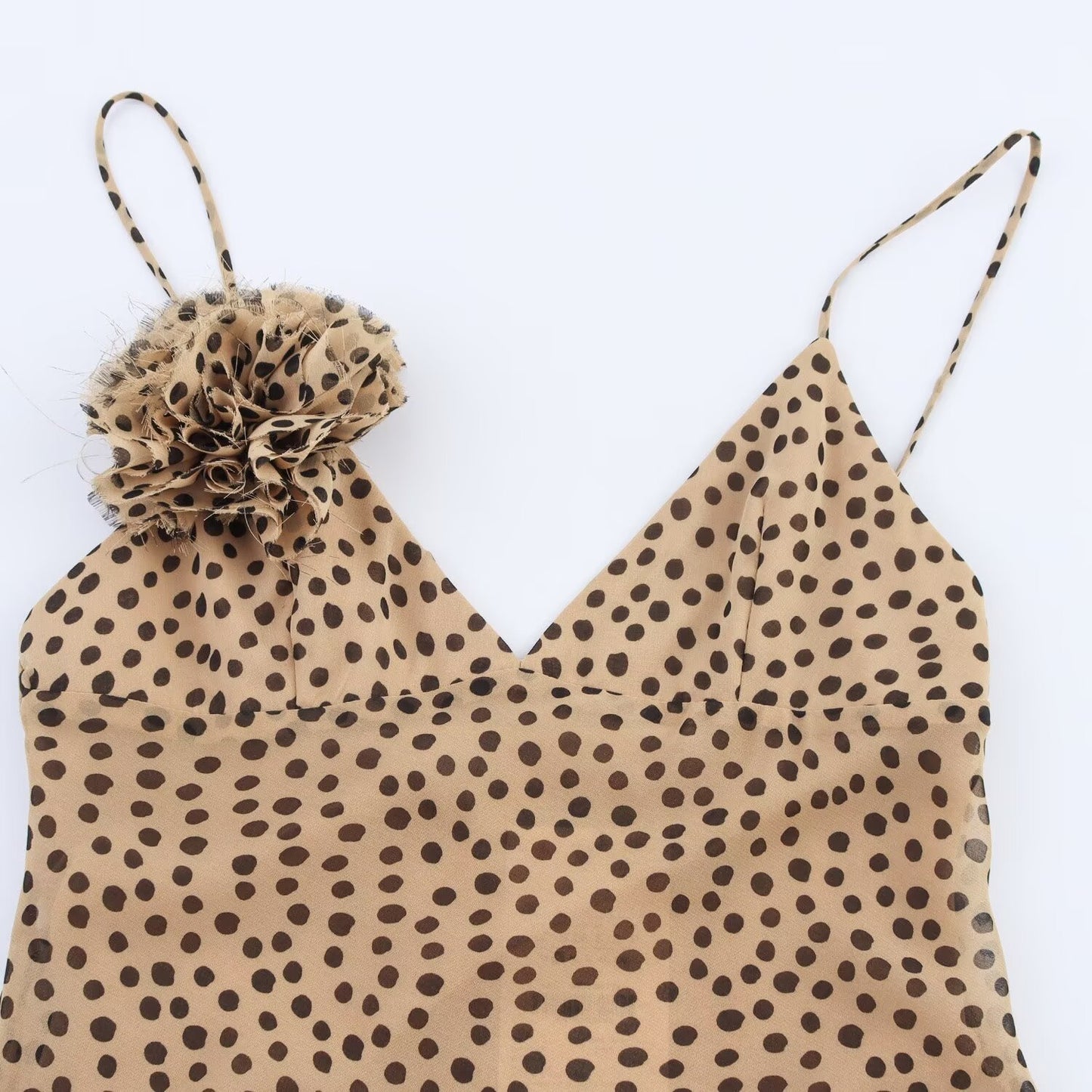 Women's new fashion flower decoration polka dot print suspender MIDI dress