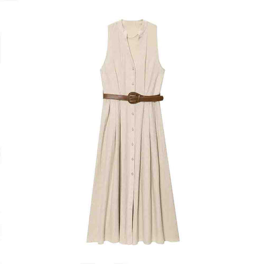 Women's New Fashion With Belt Sleeveless Linen Blended Midi Dress