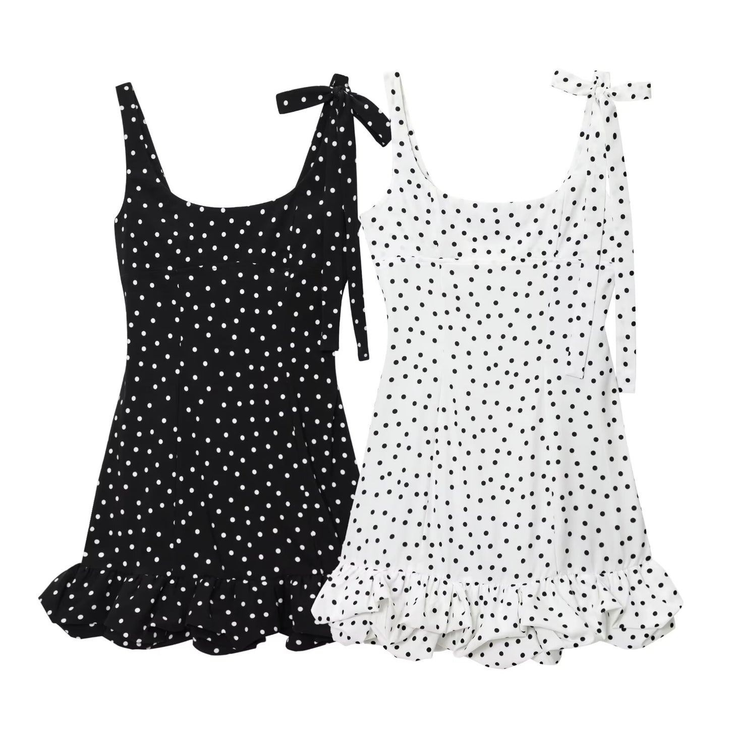 Women's summer fashion ruffle edge decoration polka dot Lace up mini dress