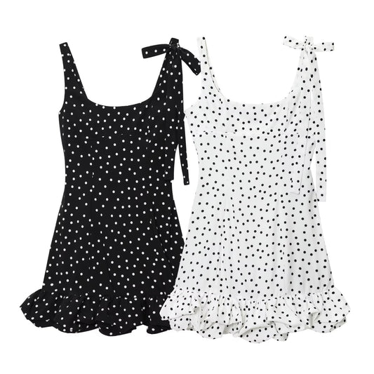 Women's summer fashion ruffle edge decoration polka dot Lace up mini dress
