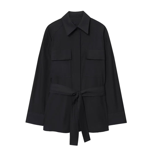 Women's 2025 New Fashion With Belt Black Poplin Button-up Shirt