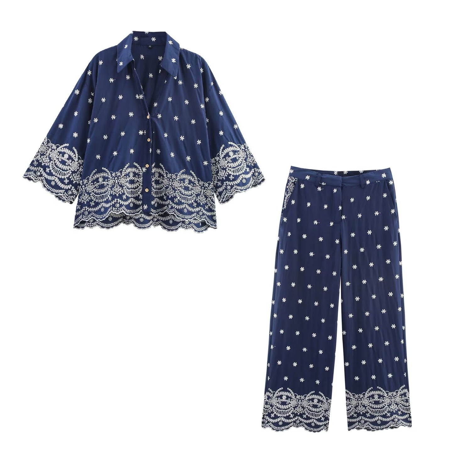 suit Women's 2 pieces New fashion loose hollow embroidery button up shirt + Pants suit