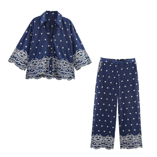 suit Women's 2 pieces New fashion loose hollow embroidery button up shirt + Pants suit