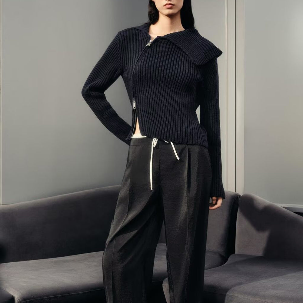 Women's new fashion double zipper lapel ribbed knitted Coat