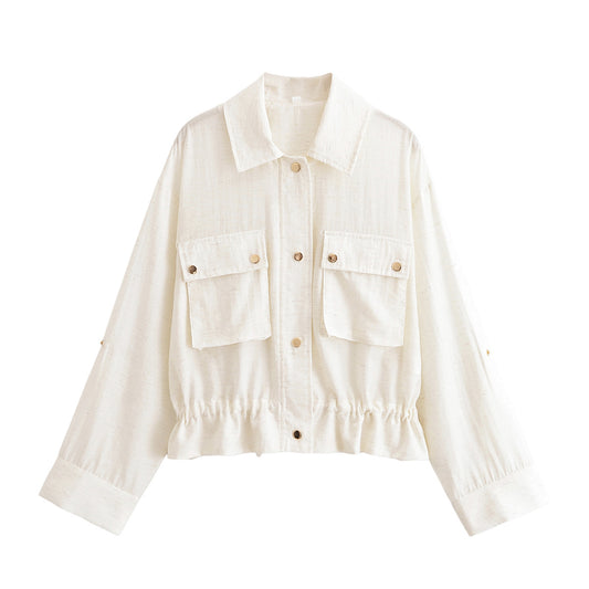 Women's new Fashion rolled up sleeve design short Lapel button up shirt