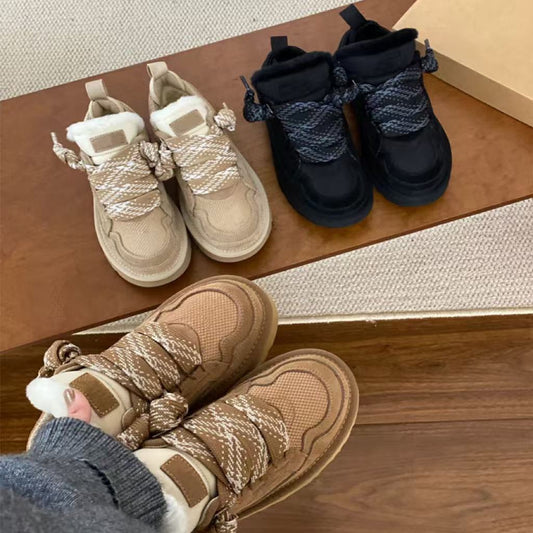 Women's lace-up thick soled padded cotton shoes with velvet for winter warmth