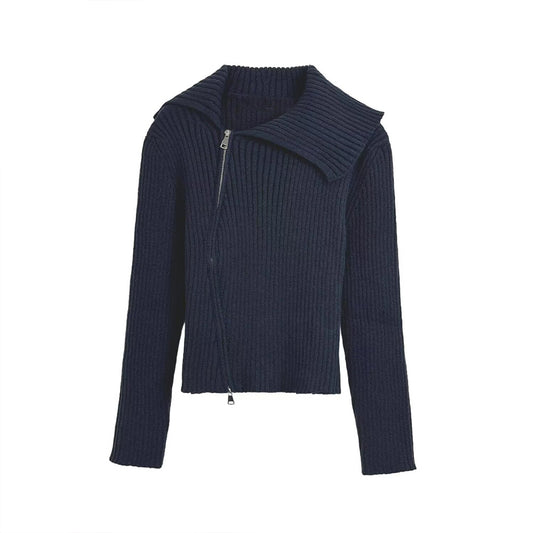 Women's new fashion double zipper lapel ribbed knitted Coat