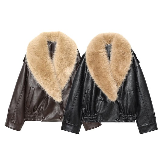 Women's detachable fur collar Faux Leather jacket Coat