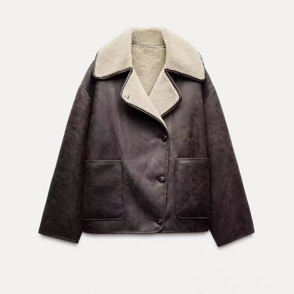 Women's loose warm double-sided Fur Faux Leather jacket Coat