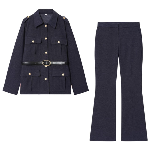 Women's New Fashion With Belt Long Sleeve Lapel Coat+Pants Suit