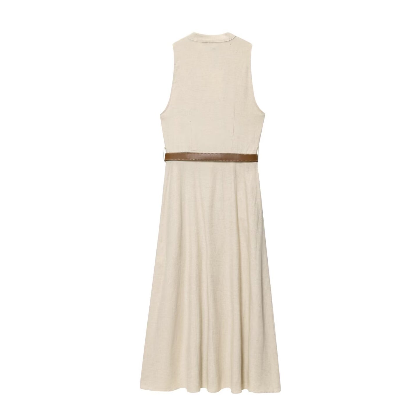 Women's New Fashion With Belt Sleeveless Linen Blended Midi Dress