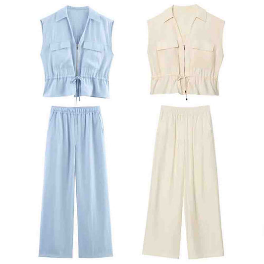 set woman 2 pieces New Fashion sleeveless V-neck unisex style top+Pants suit