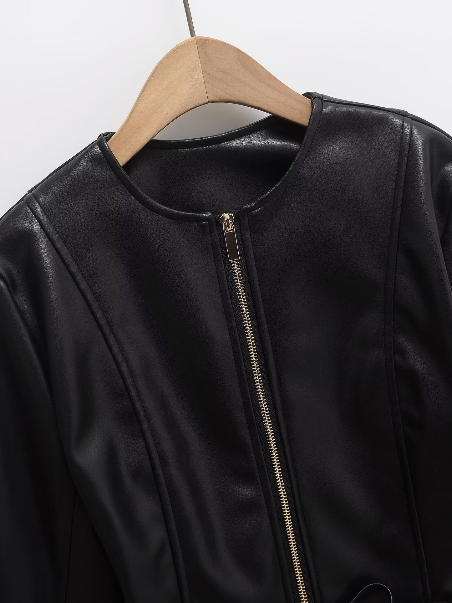 Women's with Belt O Neck zipper Faux Leather jacket Coat