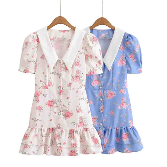 Women's Sweet Fashion Bubble Short Sleeve Flower Printed Mini Dress