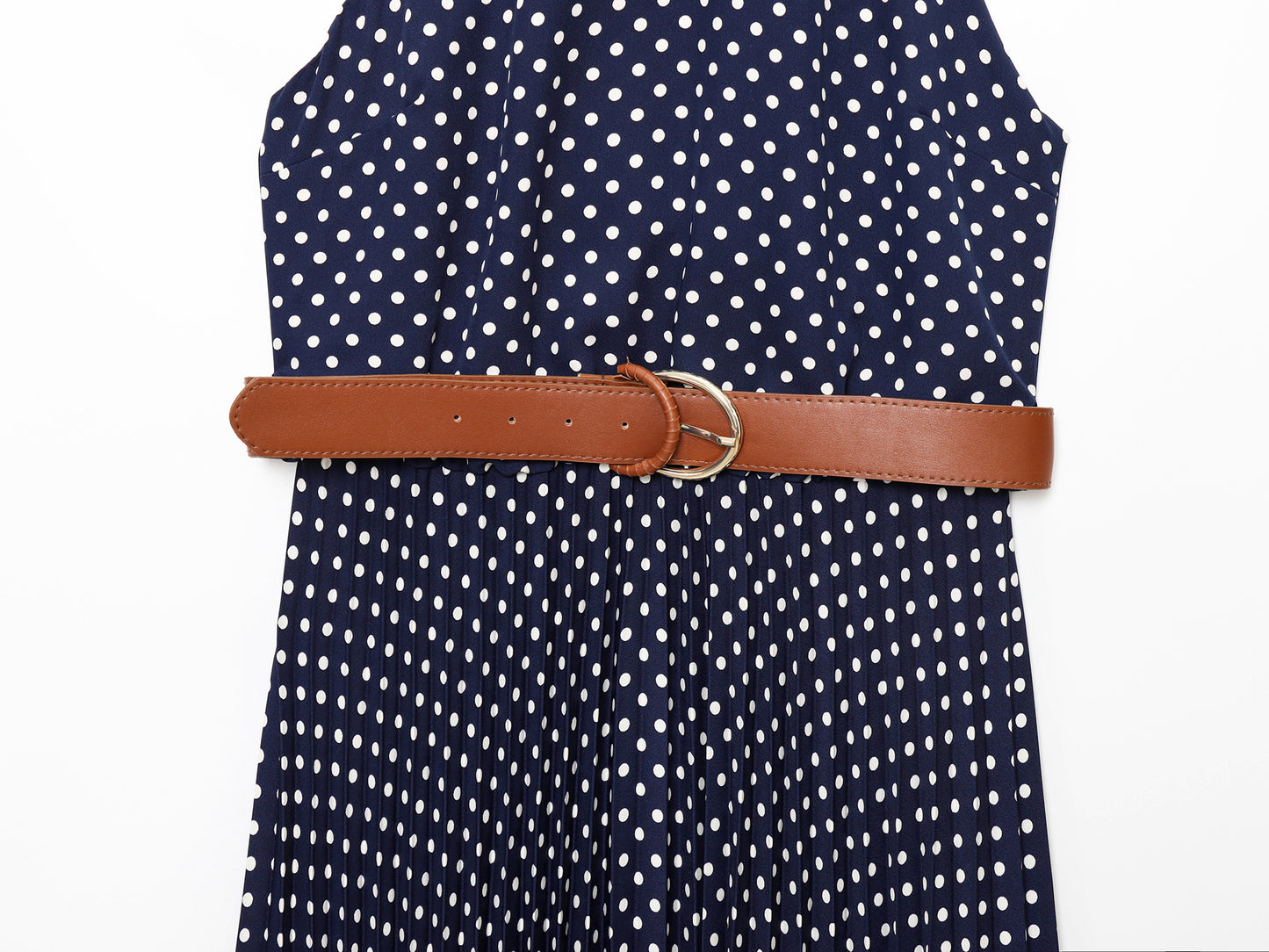 Women's New Fashion with Belt polka dot print hanging neck collar MIDI dress