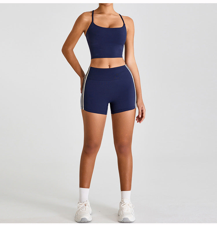 Women's New Suit Sports Bra Cross Vest Yoga Quick-drying Fitness Clothes+high Waist Tight Exercise Hip Yoga Shorts.