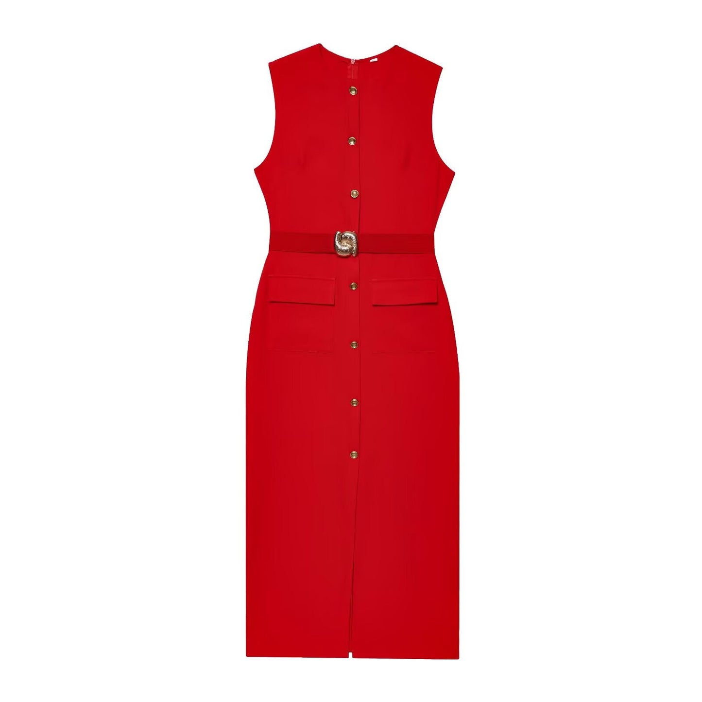 Women's new chic Fashion With belt slim single breasted Midi dress retro sleeveless women's dress