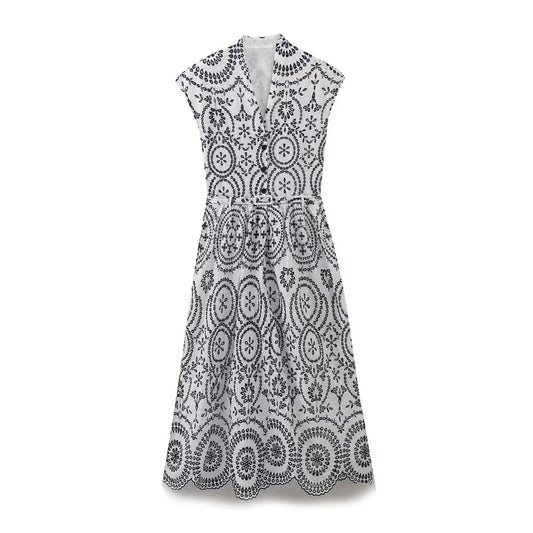 Women's New Fashion With Belt Casual Single breasted Embroidered Midi Dress