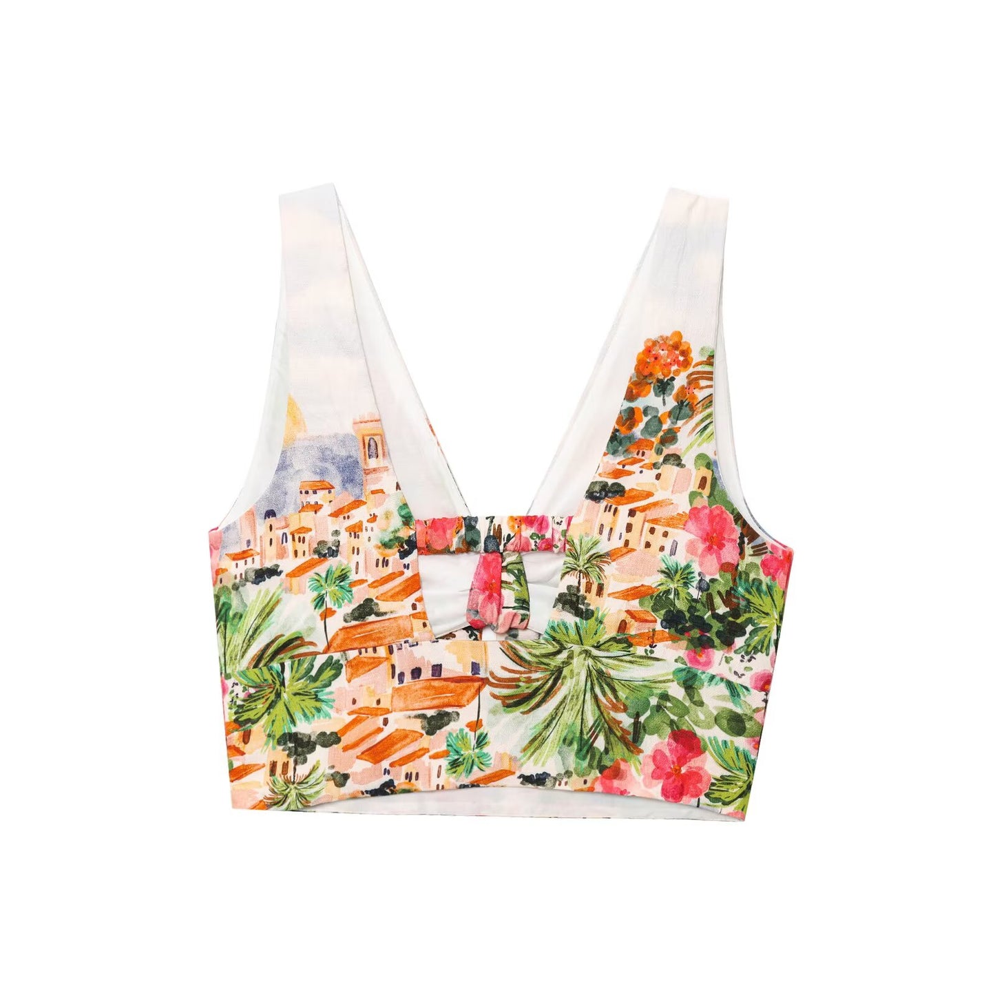 Women's new fashion knot decoration short print V-neck top+Skirts suit